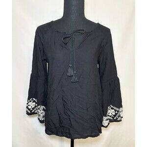 Love Tree Black Boho Floral Embroidered‎ Bell Sleeve Tassel Blouse Women's SMALL